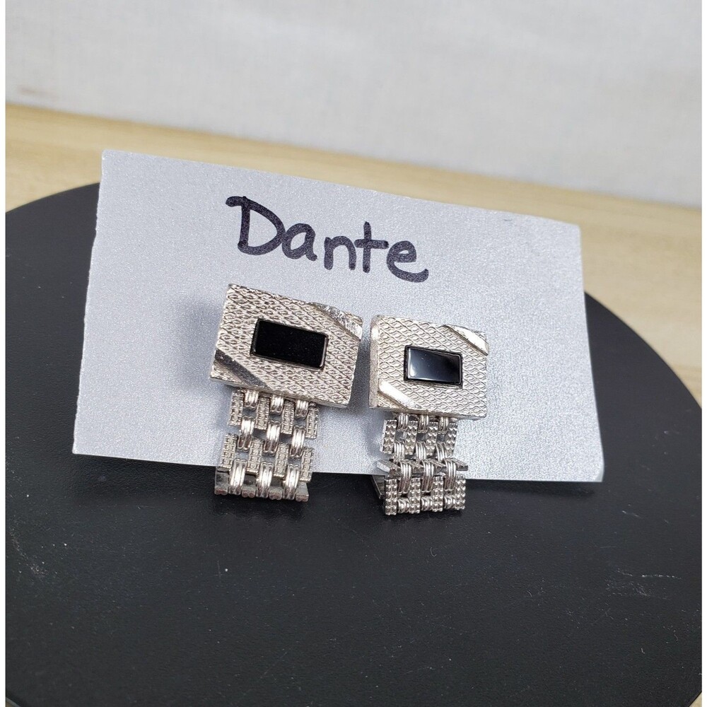 Vintage 1960's Dante Wraparound Black Onyx Spinel Stone Silver Tone Cufflinks